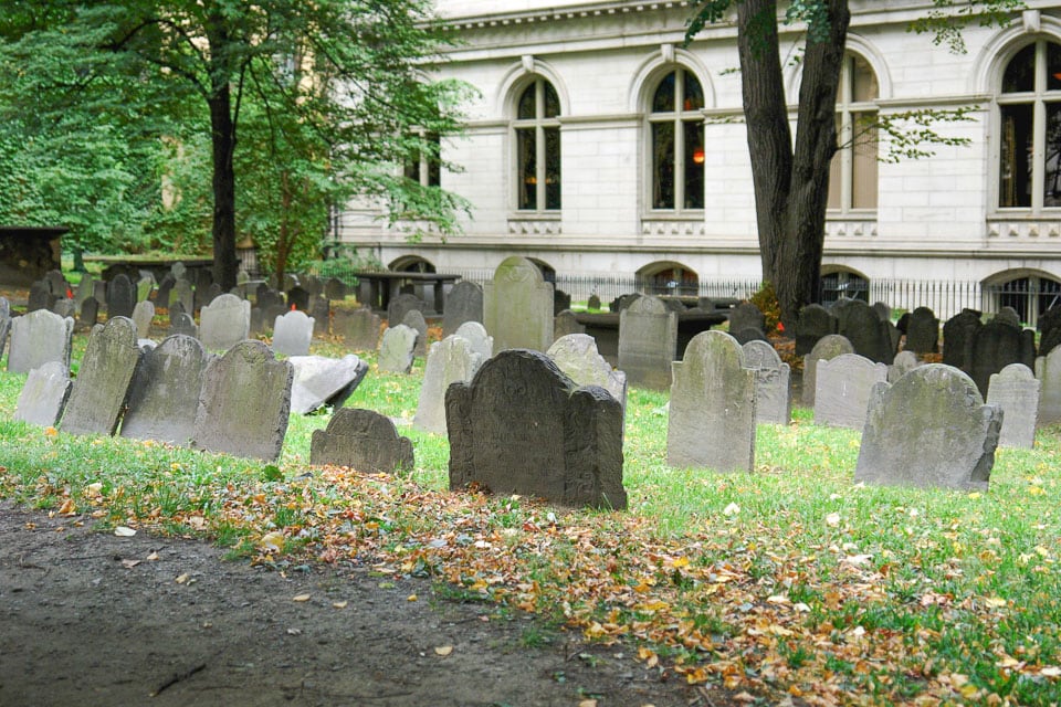 Rows of headstones in King's Chapel Burying Ground.