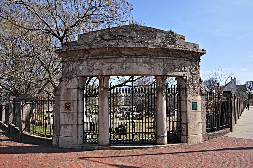 Stone gate at the entrance of Dorchester North Burying Ground.