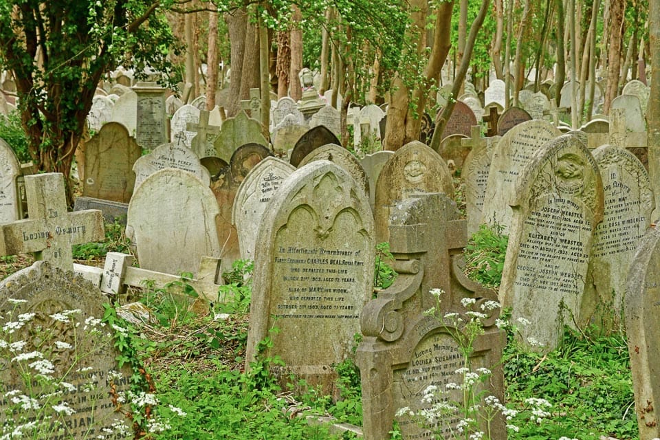 Tightly packed tombstones in Highgate Cemetery.