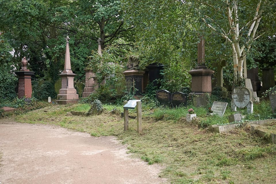 Path and tombstones in Abney Park Cemetery.