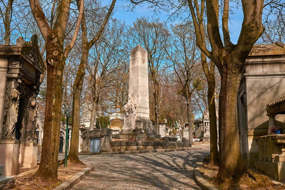 Path framed by leafless trees leading to an obelisk.