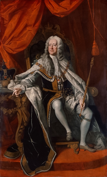 Painting of George II sitting on a throne.