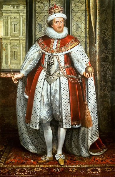 Painting of King James I in a crown and robes.