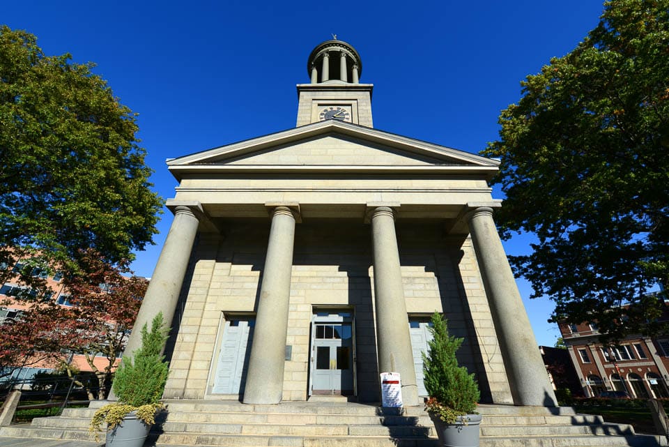 Exterior of the United First Parish Church where John Adams is buried.