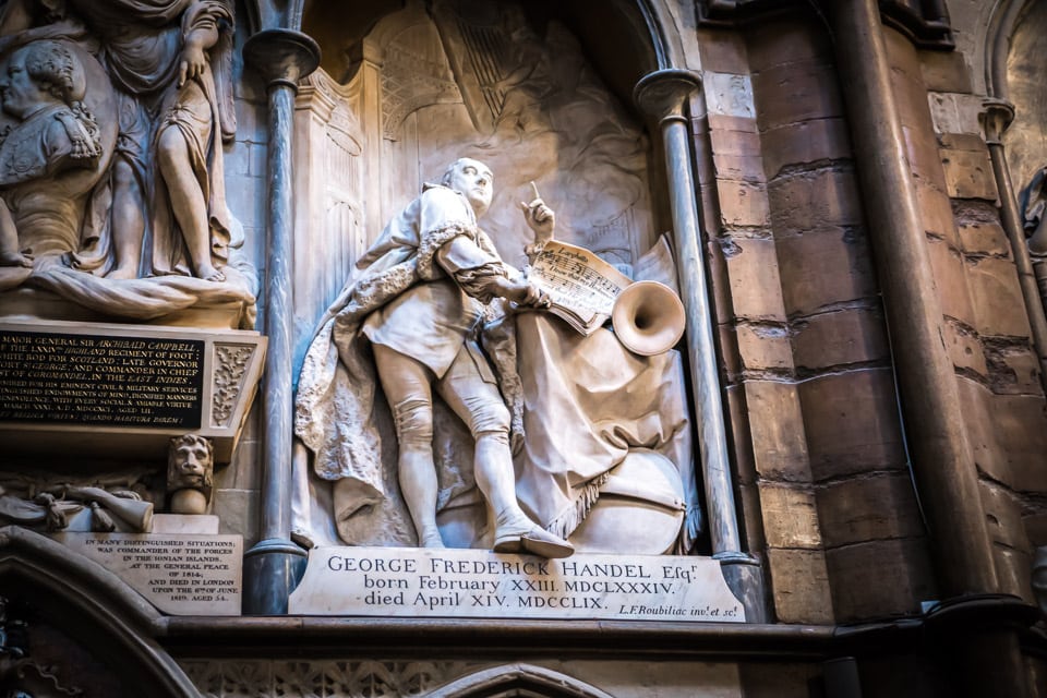 Memorial of George Frederick Handel by his grave in Westminster Abbey.