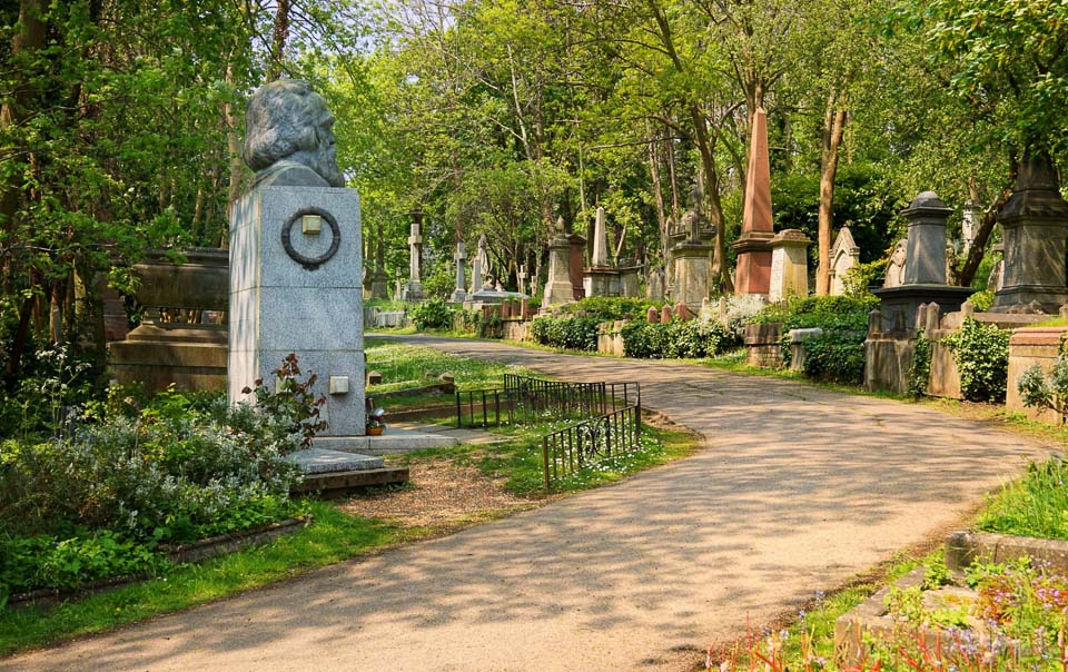 Path lined with memorials and graves in Highgate Cemetery.