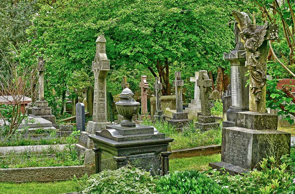 Graves in Highgate Cemetery surrounded by trees and shrubs.