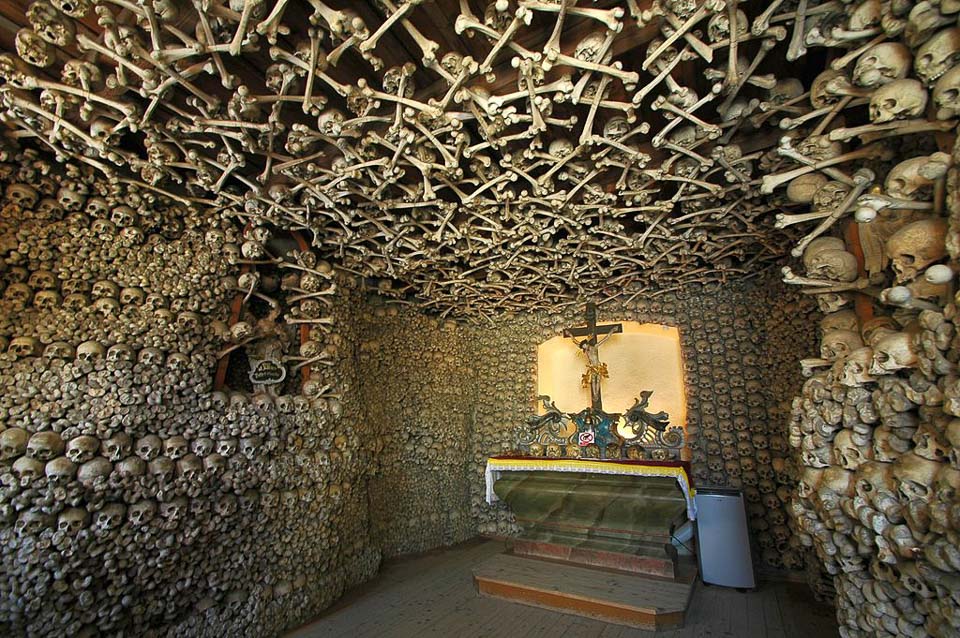 Bones on the walls and ceiling of the Skull Chapel in Poland.
