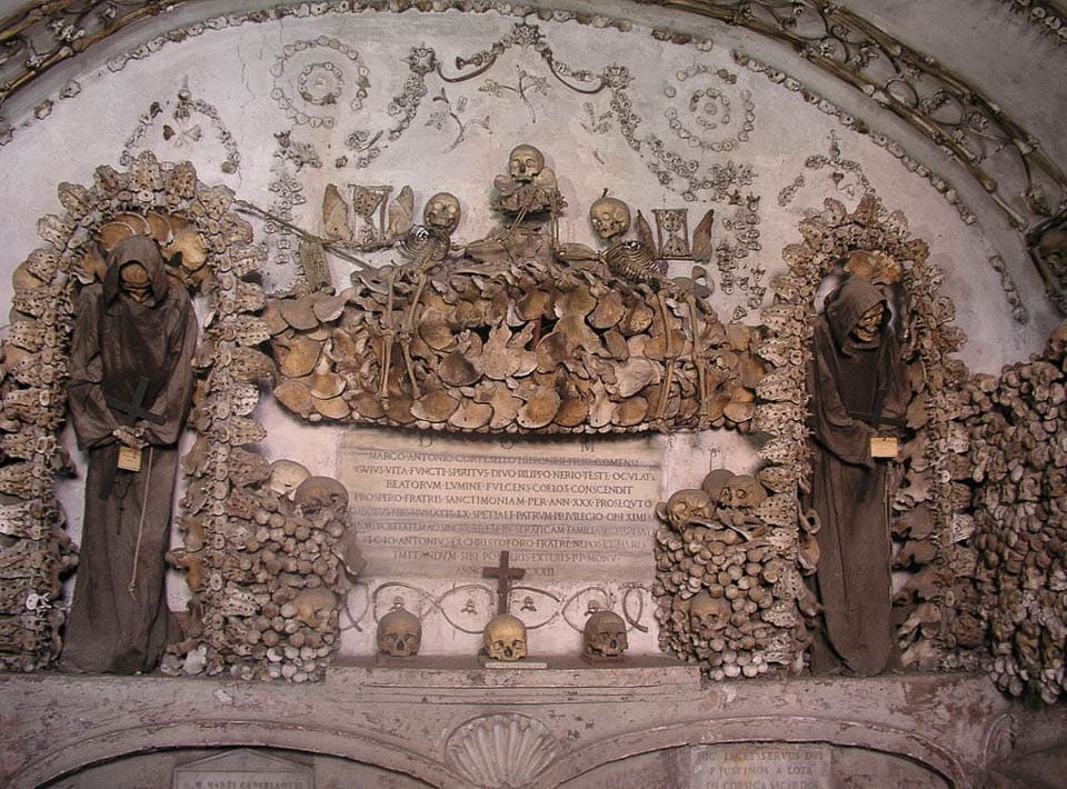 Bones artistically displayed on a wall in the Capuchin Crypt.