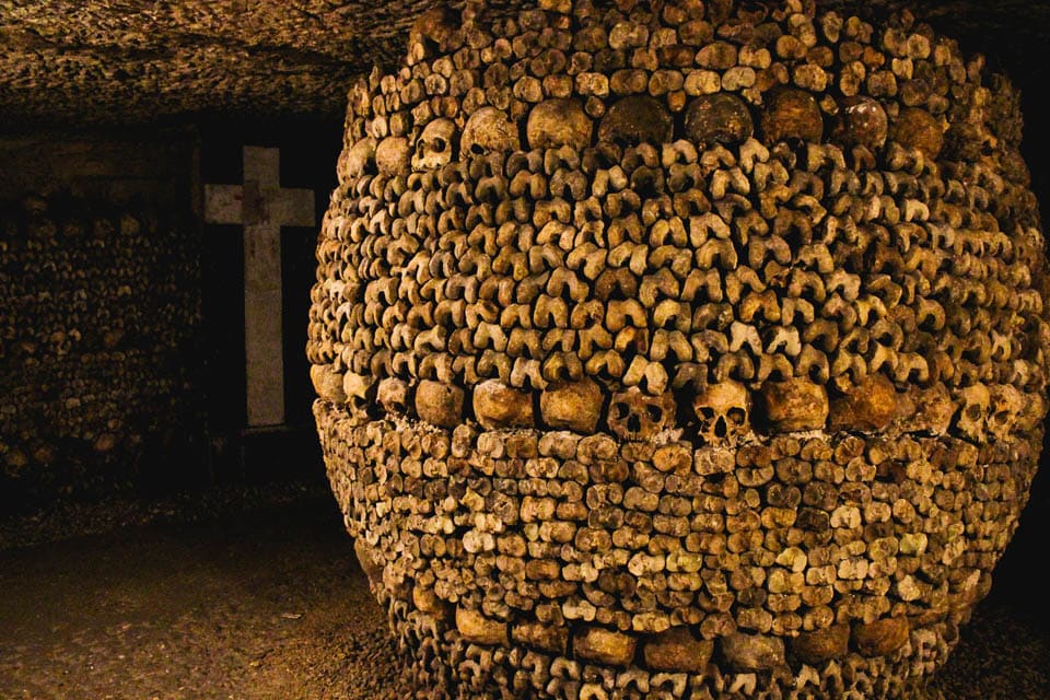 Column of bones in the Paris catacombs.