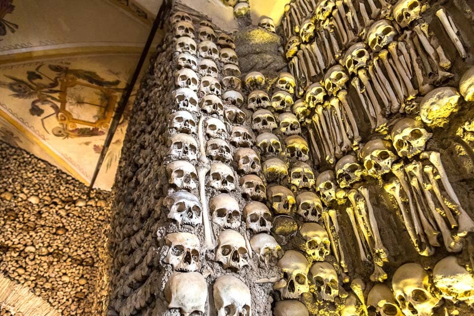 Bones displayed on a wall in the Chapel of Bones in Evora.