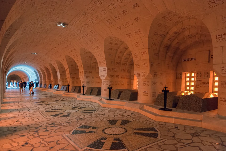 Hallway lined with vaults in the Douaumont Ossuary. 