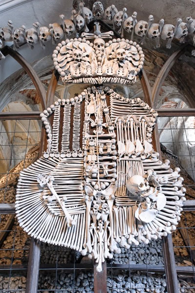 Coat of Arms made out of bones at the Sedlec Ossuary.