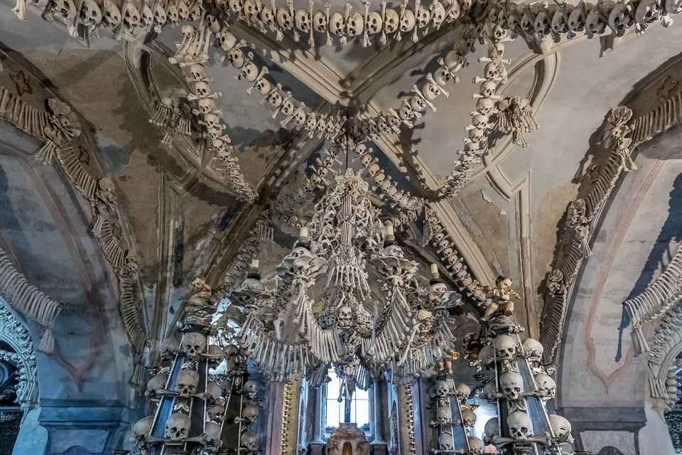 Garlands and chandelier of bones in the Sedlec Ossuary bone church.