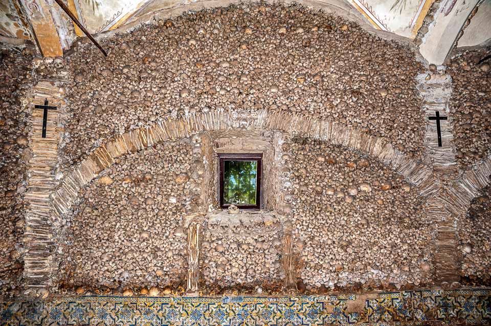 Wall covered with bones in the Chapel of Bones.