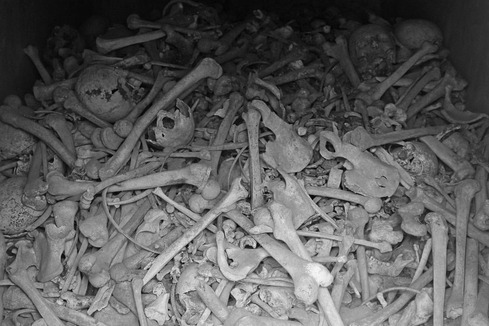 Pile of bones in Douaumont Ossuary.