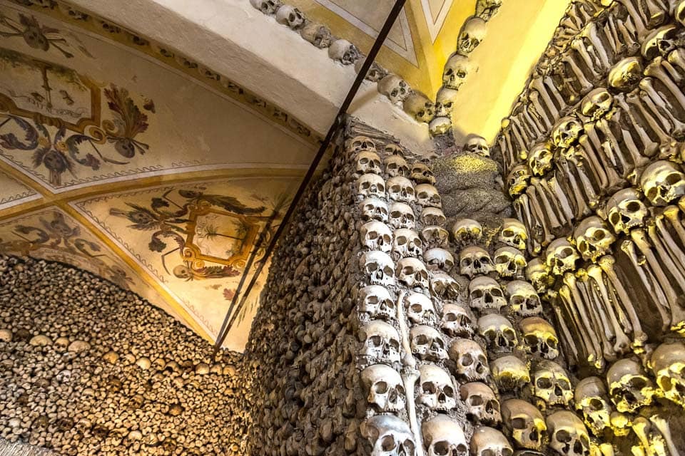 Skulls and other bones on the walls and ceiling of the Chapel of Bones.