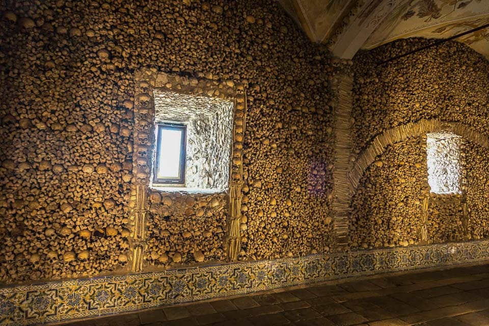 Bone-covered wall in the chapel.