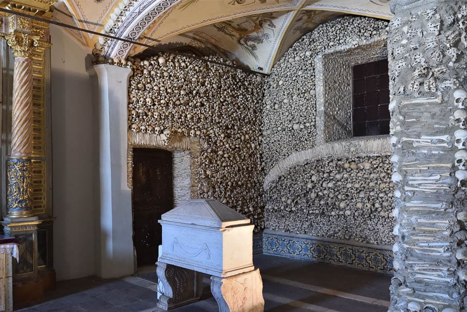 Coffin in front of a wall of bones.