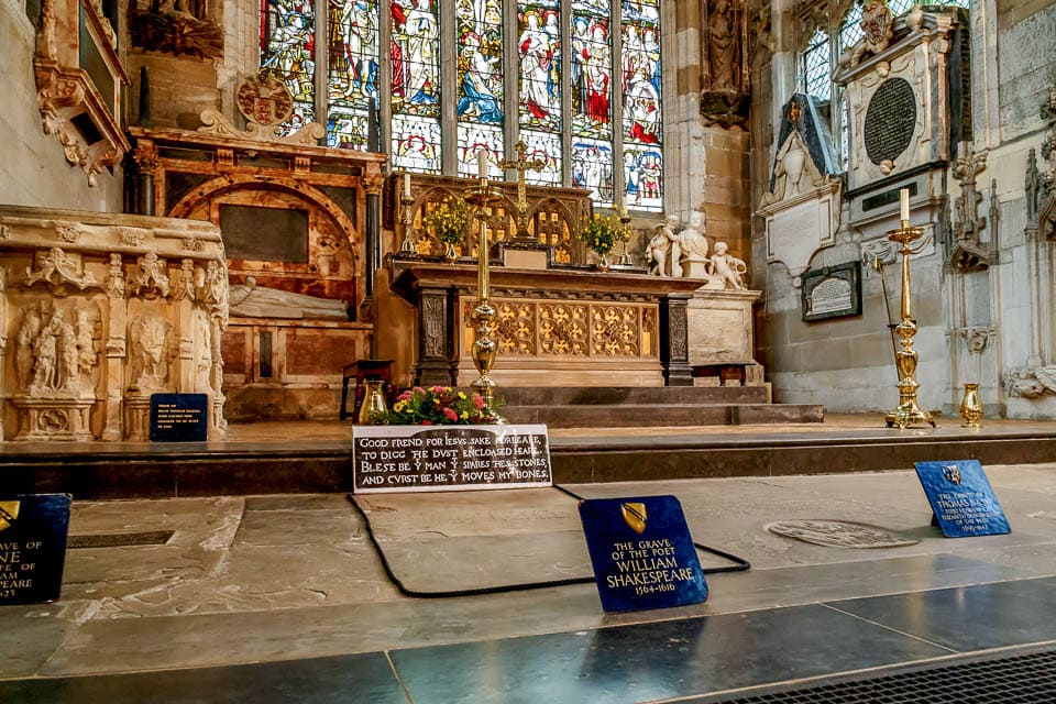 Graves of Shakespeare and his family in front of the church altar.