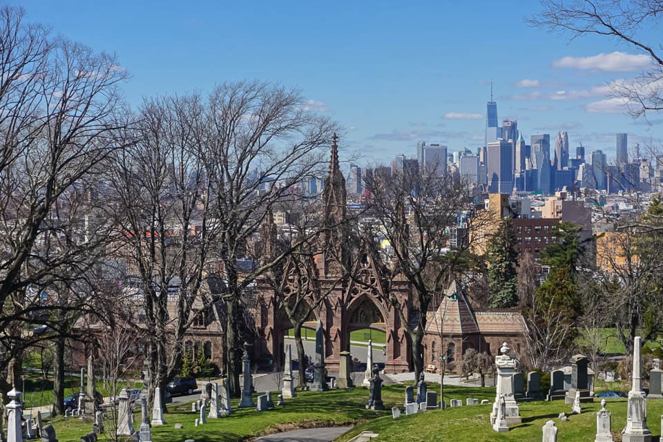 Green-Wood Cemetery with a view of the Manhattan skyline.